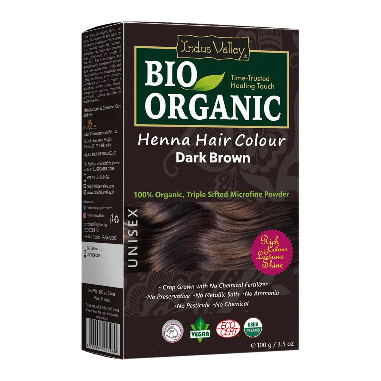INDUS VALLEY 100% Organic Henna Hair Color Dark Brown Nourishes and Moisturizes Hairs Triple Sifted Microfine Powder (100g)