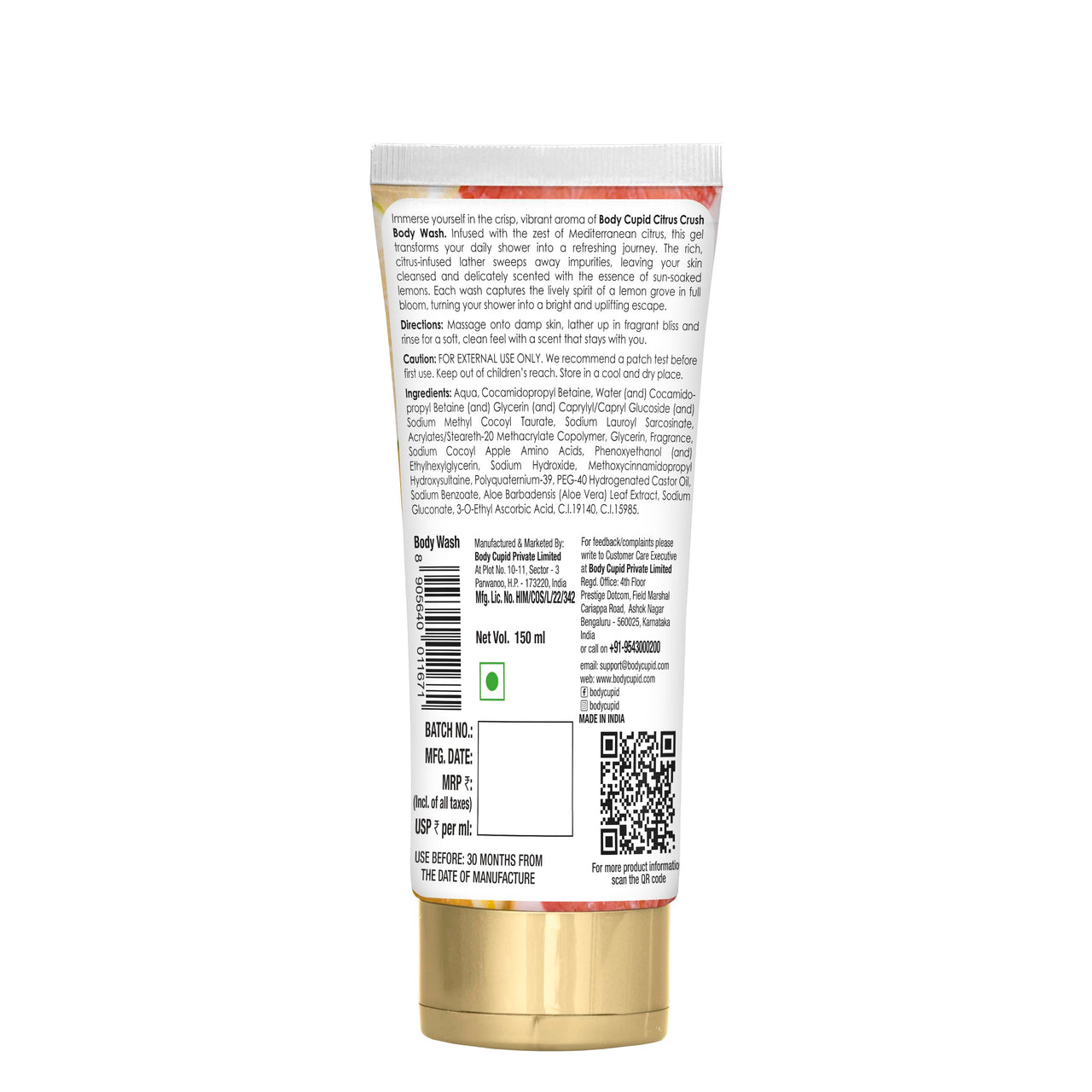 Body Cupid Citrus Crush Body Wash | No Parabens, Sulphates or Silicones | Luxury Shower Gel | Energizing Lemony Fragrance | 150ml