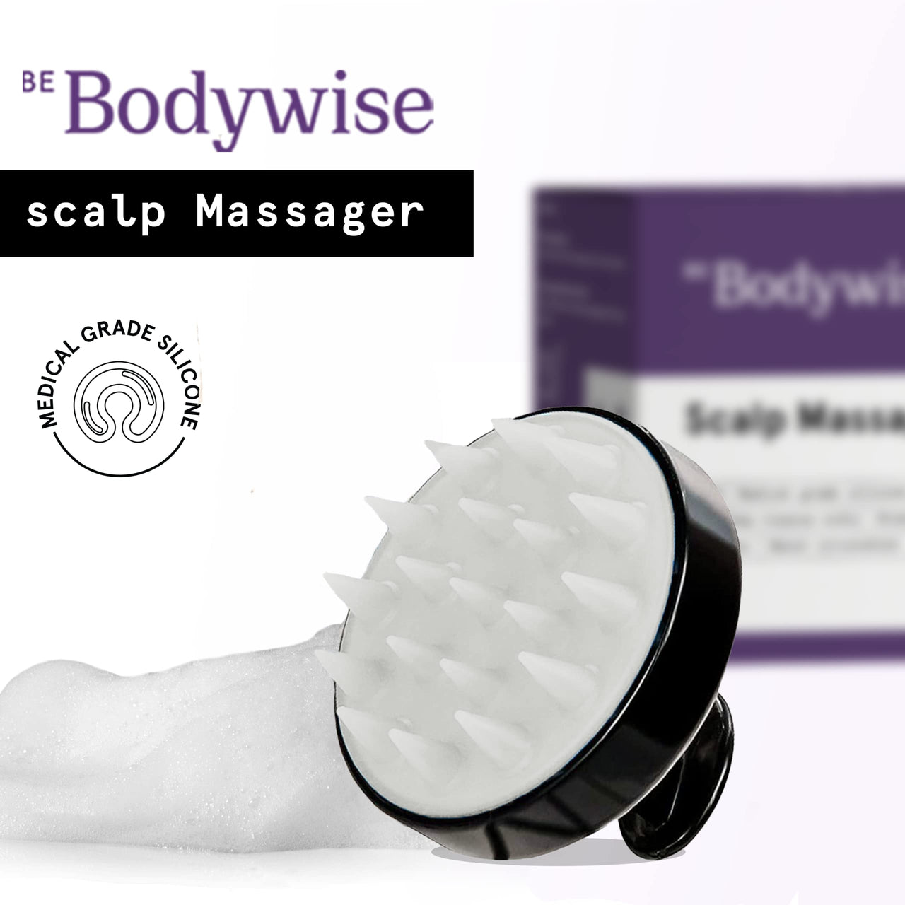 Be Bodywise Hair Scalp Massager Shampoo Brush with Soft Silicone Bristles | Exfoliating Stimulating, Anti Dandruff, Shower Scalp Scrubber | Handheld & Lightweight | Black