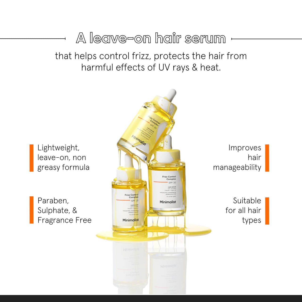 Minimalist SPF 30 Hair Serum for Frizzy Hair With Keratin, Argan Oil & Ceramides | Heat Protection, Smoothens & Protects From UV | Lightweight Leave-In for Women & Men | 50 ml