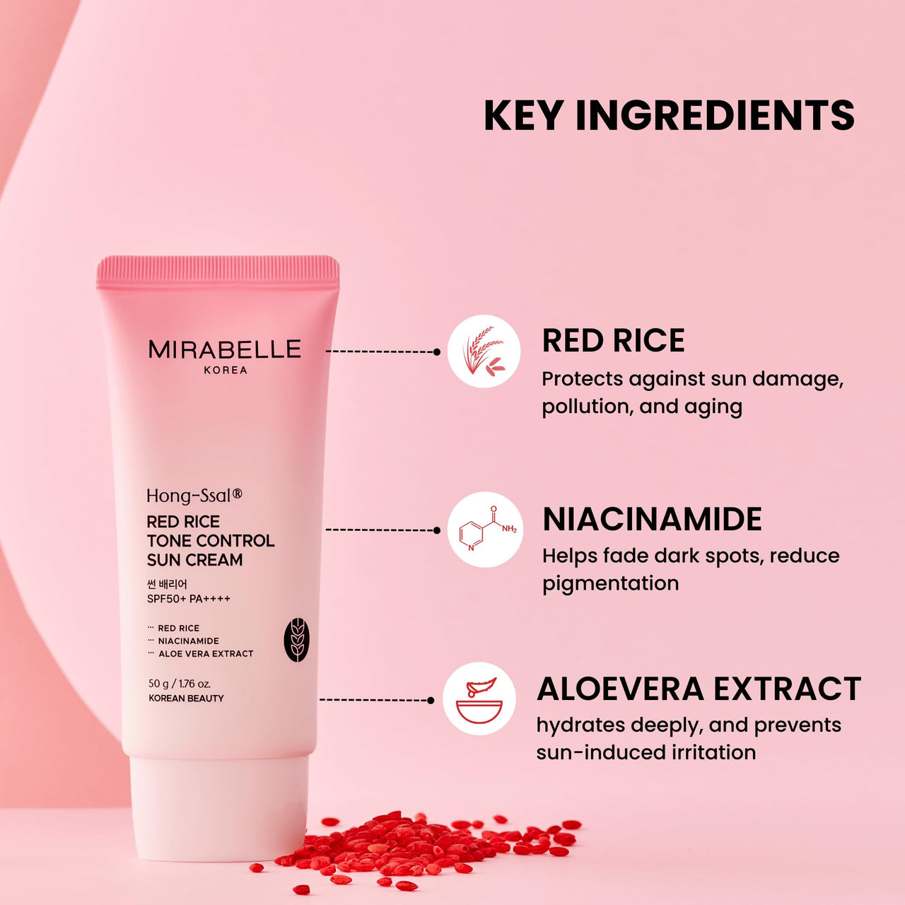 Mirabelle Korea Hong Ssal Red Rice Tone Control Sun Cream SPF 50+ PA++++ | Lightweight & Hydrating | No White Cast | In-Vivo Tested | Korean Skincare | For Men & Women | For All Skin Types | 50g