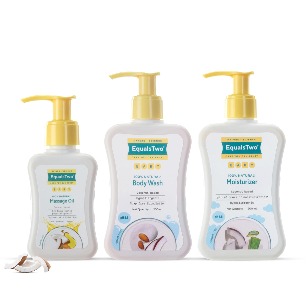 EQUALSTWO Baby Care Combo of Massage Oil (100ml) + Baby Wash (200ml) + Baby Moisturizer (200ml), All Skin Types, Hypoallergenic & Dermatologically Tested, Pack 3