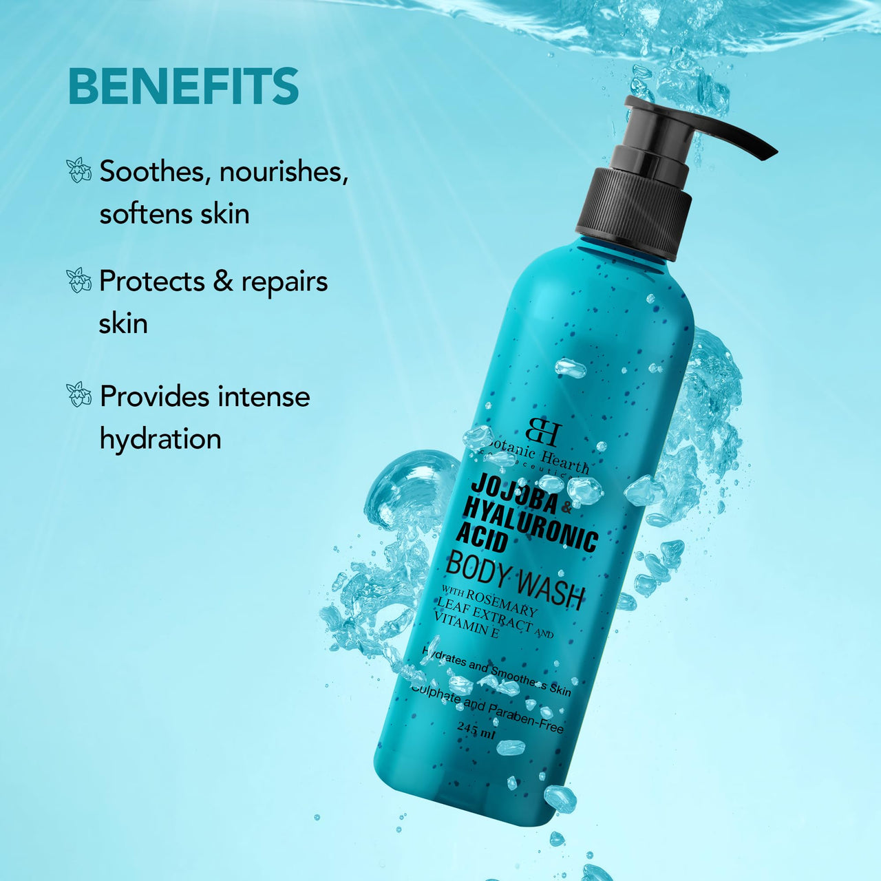 Botanic Hearth Jojoba & Hyaluronic Acid Body Wash with Sea Butter & Sweet Almond Oil | Moisturizing Body Wash Shower Gel for Softer, Smoother Skin | Sulfate & Paraben Free | for Women & Men | 245ml