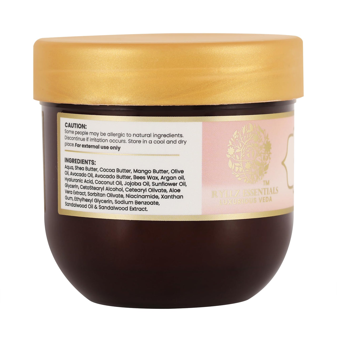 RYLLZ ESSENTIALS Sandalwood Body Butter | with Shea Butter, Cocoa Butter, Mango Butter, Niacinamide & Jojoba Oil | for 48Hrs Moisturisation, Stretch Marks, Dry/Itchy Skin & Uneven Skin Tone | 200 ml