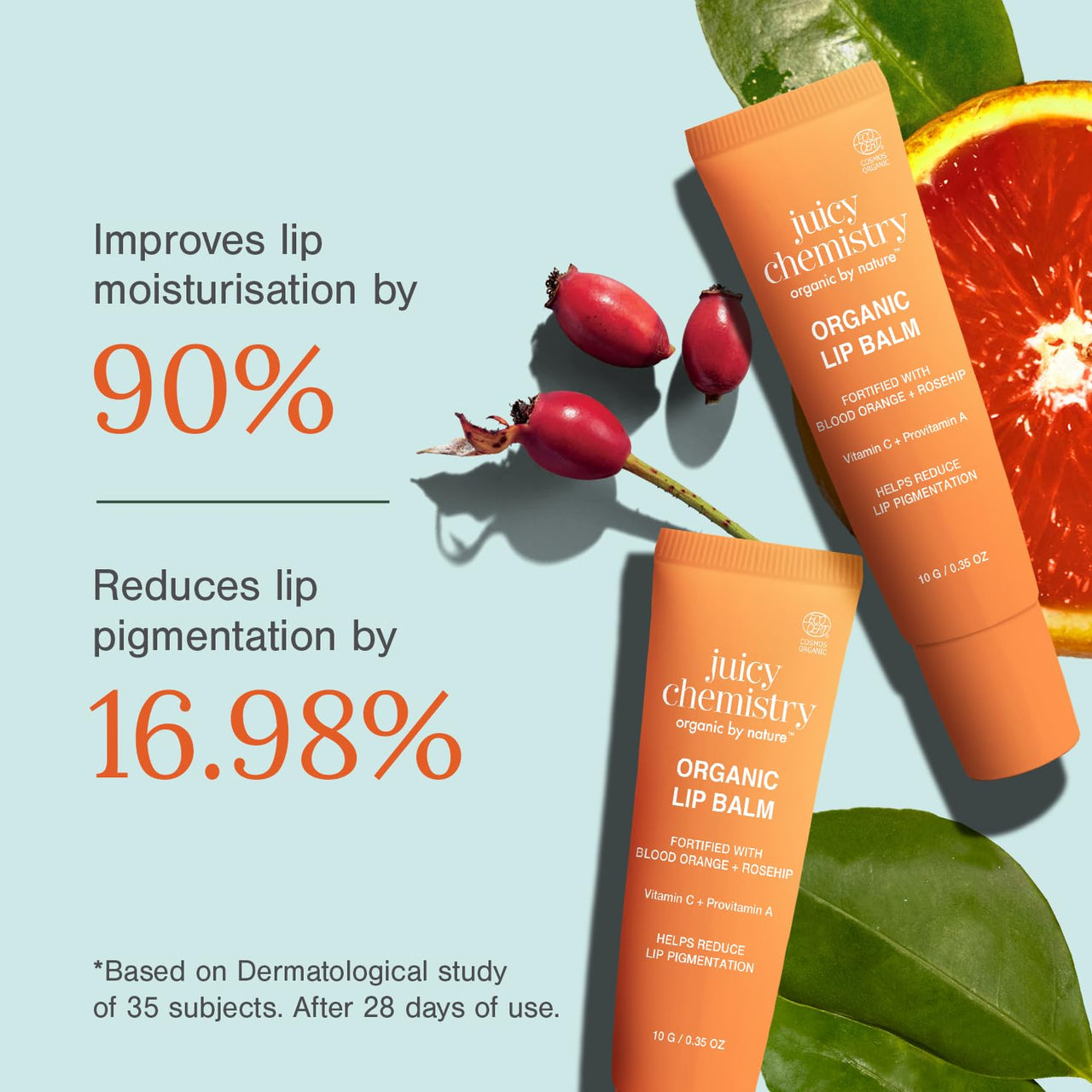 Juicy Chemistry Blood Orange & Rosehip Lipbalm, 10 g | Organic Lip Balm for Dark, Pigmented, Dry & Chapped Lips | Enriched with Vitamin A, C, E & Ceramides | Clinically Tested | For Men, Women & Kids
