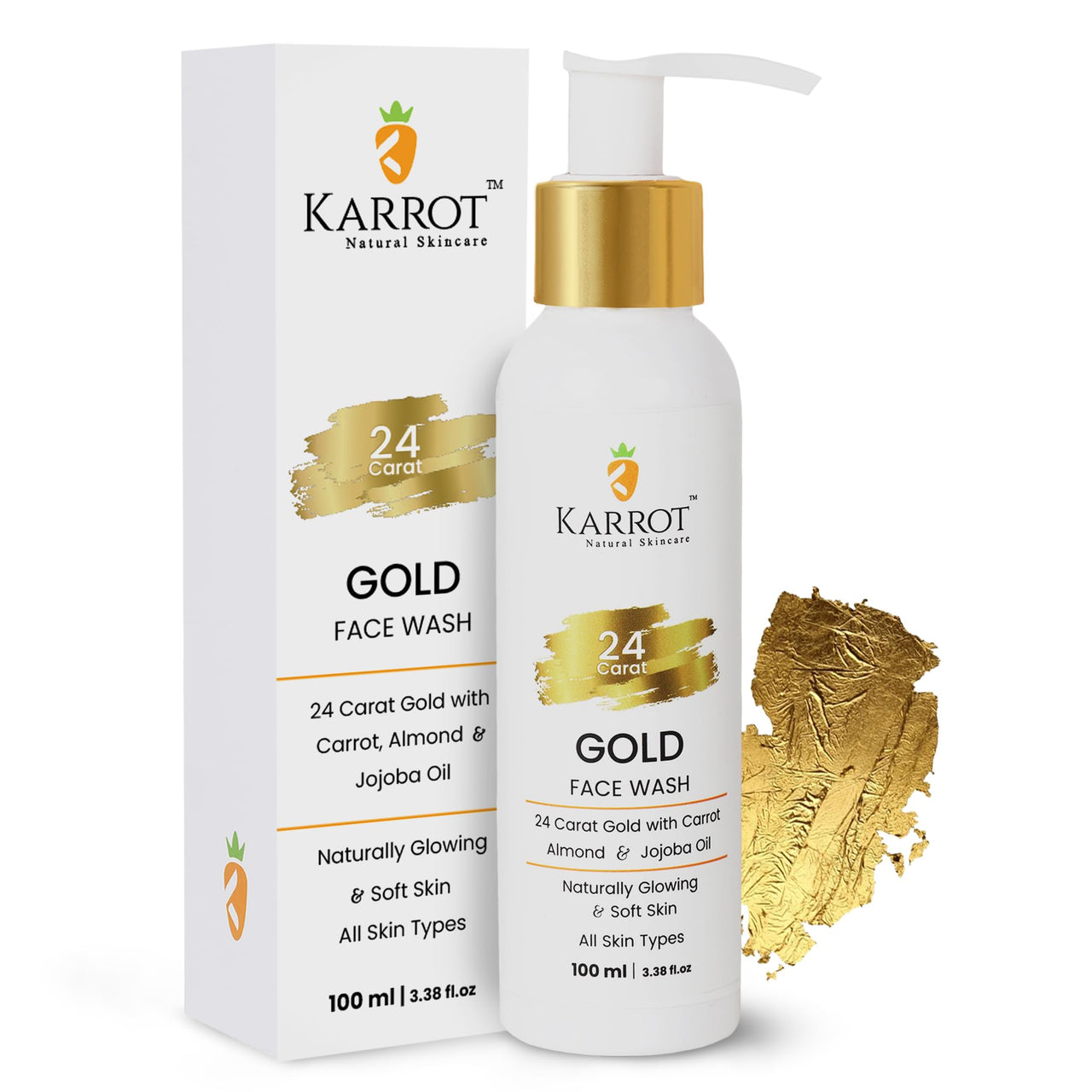 Karrot Natural Skincare Face Wash for Glowing Skin, Boosts Radiance, 24 Carat Gold with Hyaluronic Acid, Carrot, Almond, and Jojoba Oil, For Women and Men, Suitable for All Skin Types, 100 ml
