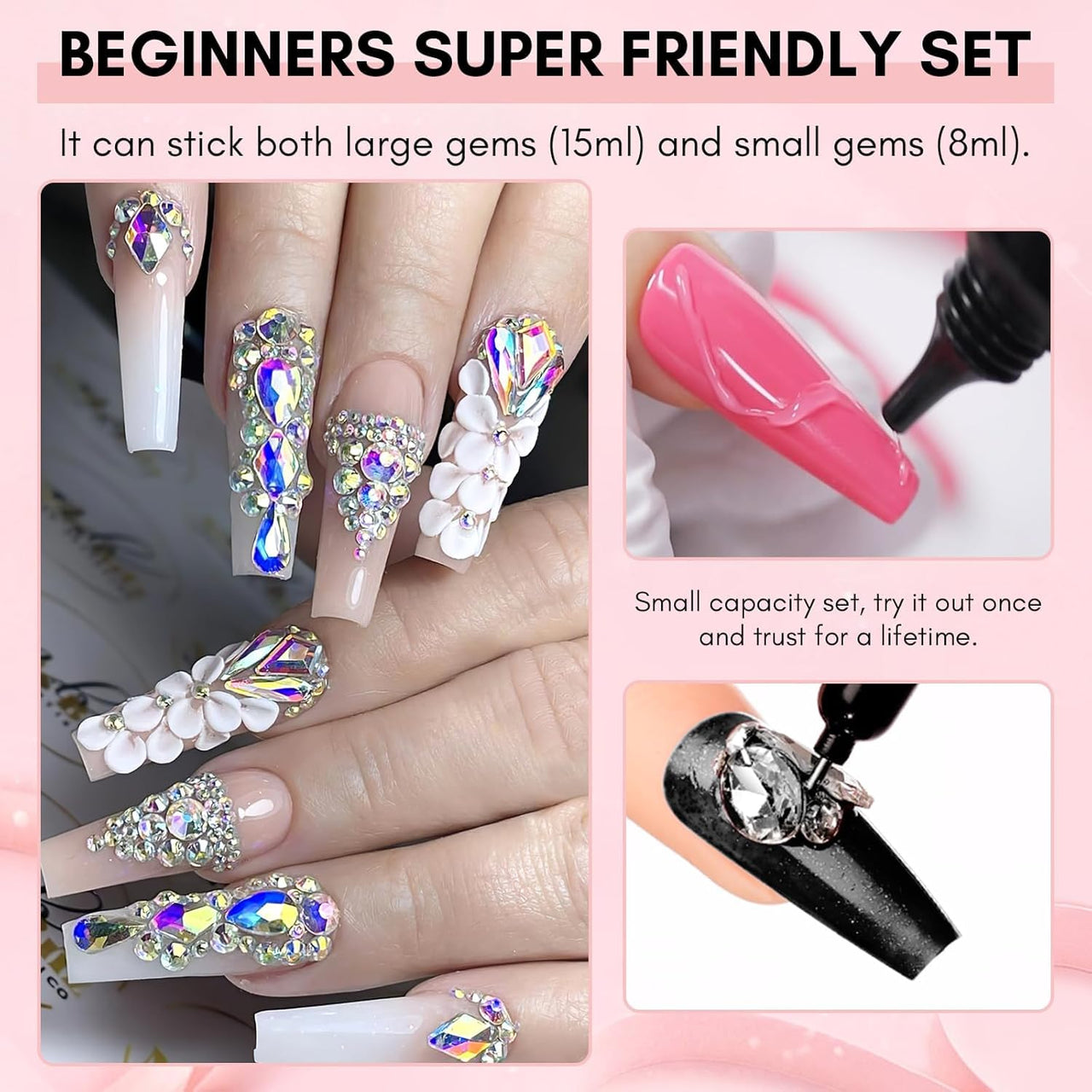 Bolt Bee Nail Rhinestone Glue Set - Gel Nail Glue for Rhinestones, 3D Art Design Super Strong Adhesive for Charm Gems Jewel Crystal Beads Diamonds 15g