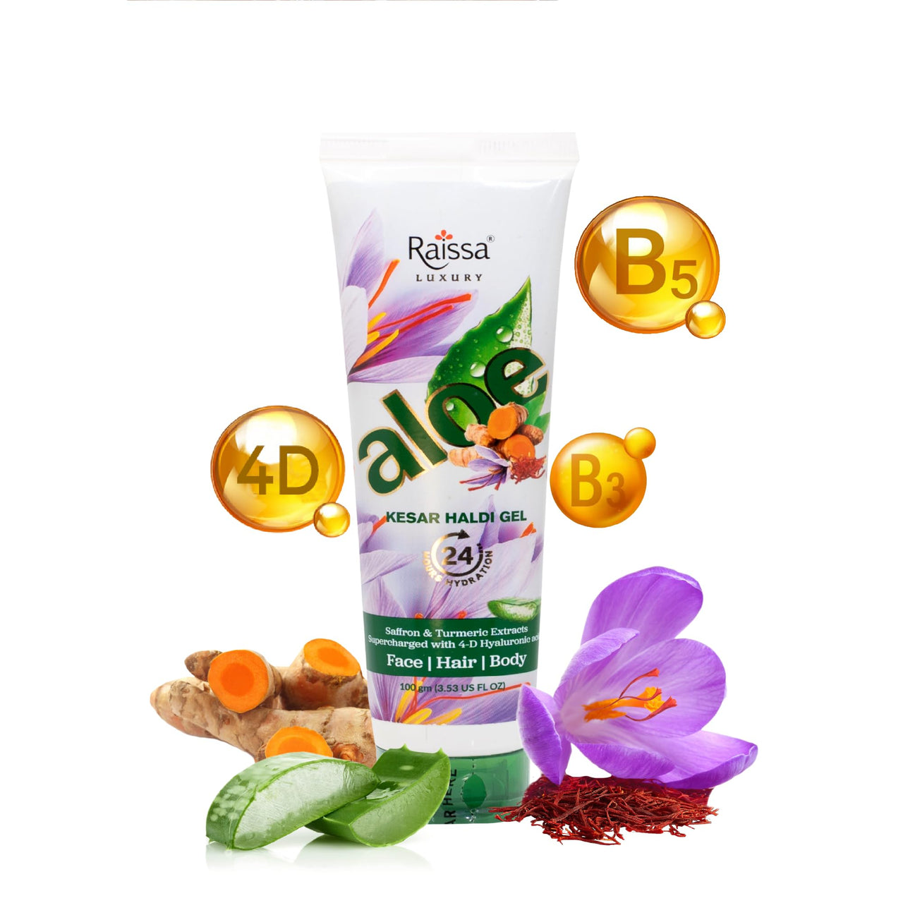 Raissa 4D Hyaluronic Acid Face Gel, 100g | 100% Pure Aloe Vera | Infused with Saffron, Turmeric Extracts, Niacinamide & D-Panthenol | Brightening & Glow | 24H Hydration | All Skin Types