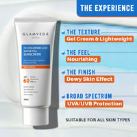 Glamveda Ultra-Light SPF 60 PA+++ Sunscreen 50 ml | Water-Full Hydration with 1% Hyaluronic Acid, Ceramides, Peptides & Niacinamide | Broad Spectrum | Anti-Aging, No White Cast, All Skin Types