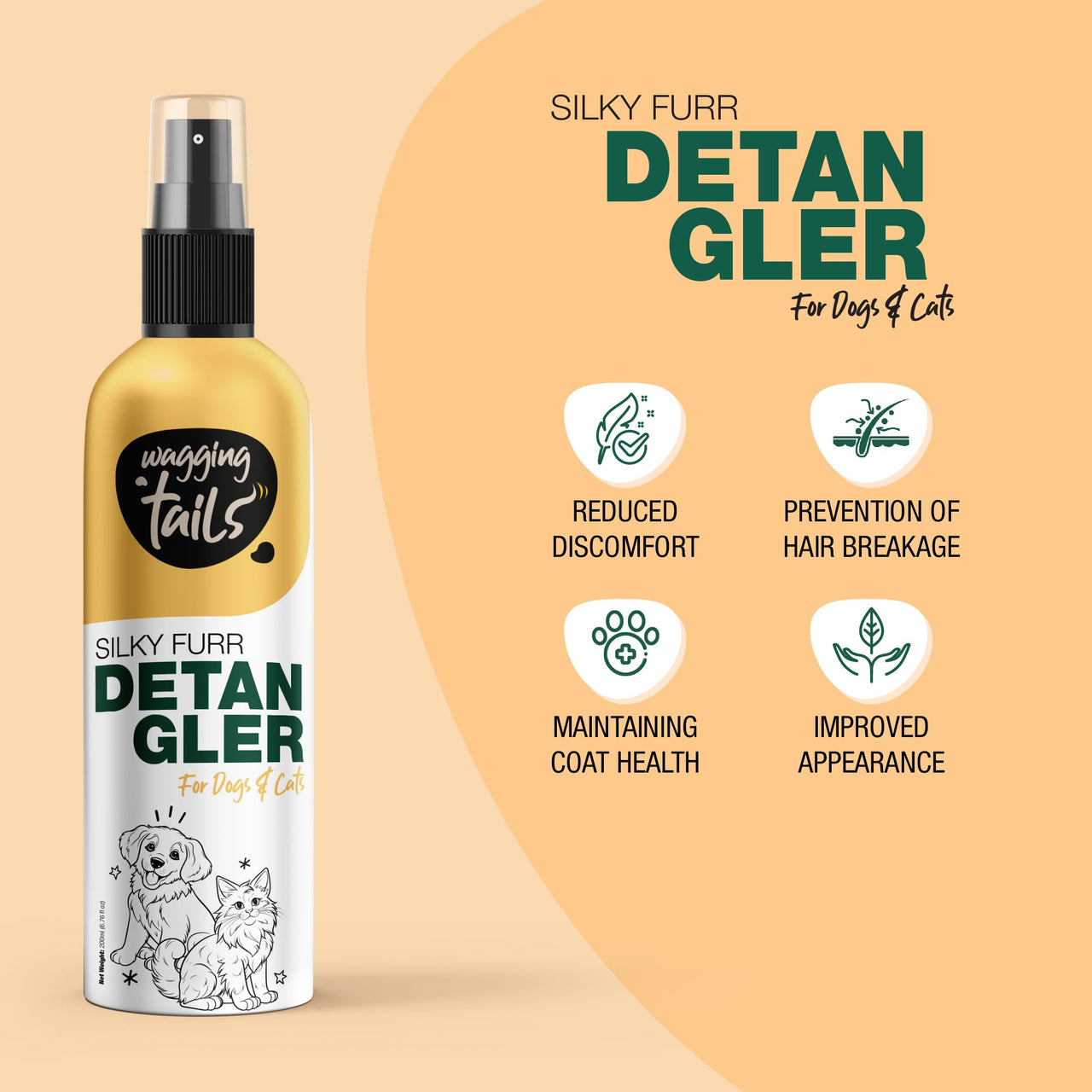 Wagging Tails Silky Furr Detangler 200ml for Dogs & Cats | Removes Knots, Tangles & Dematting | Promotes Silky, Shiny Coat | Maintains Coat Health | Improves Appearance | Easy to Use