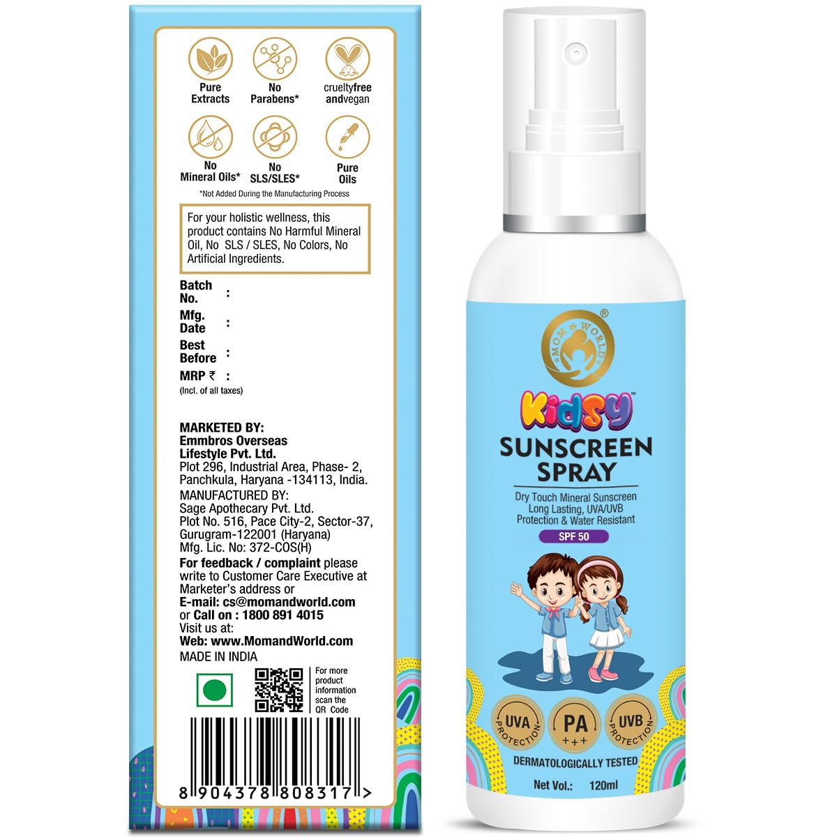 Mom & World Mineral Based Kids Sunscreen Spray SPF 50, Water Resistant, UVA/UVB PA+++, 120ml - Safe for Baby and Kids