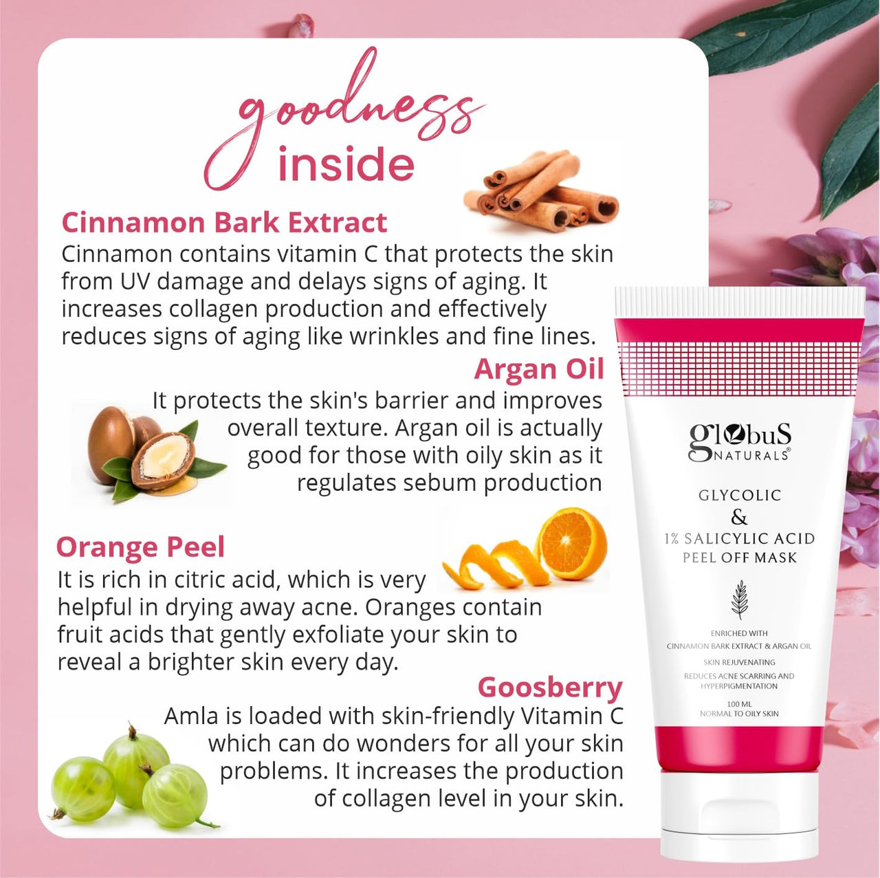 Globus Naturals Glycolic & 1% Salicylic Acid Anti Acne Peel Off Mask, For Oily & Acne Prone Skin,100 gms (Pack of 1)