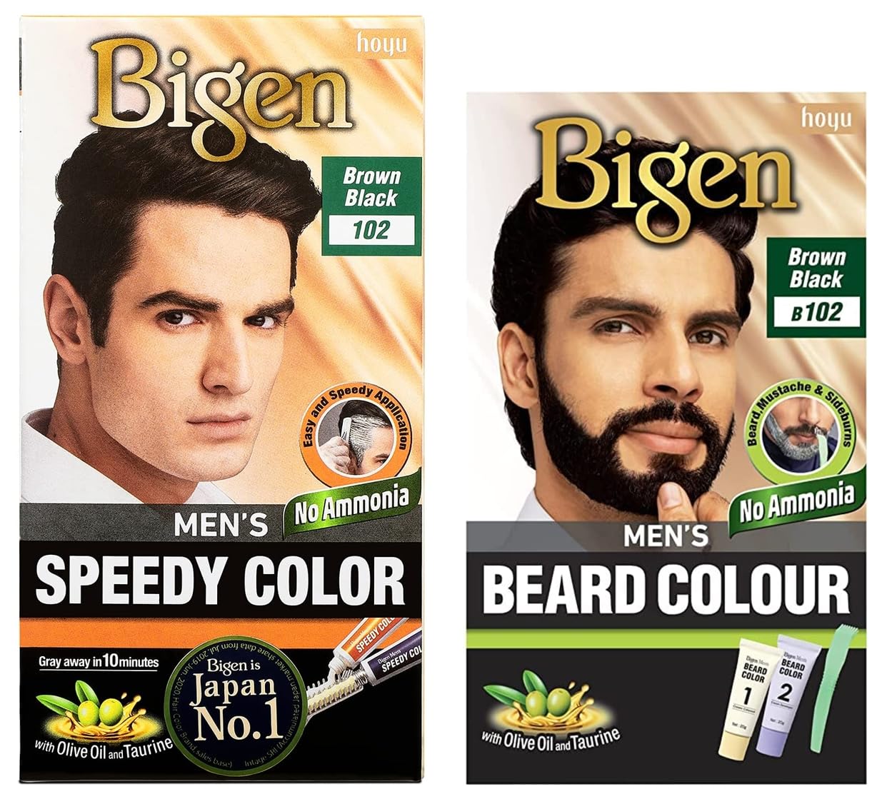 Bigen Men's  Beard Color, Brownish Black B102, 40g & Bigen Men's  Speedy Color, Brown Black 102, 80g