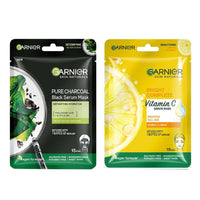 Garnier Skin Naturals, Face Mask, Hydrating & Detoxifying, Black Serum Mask Pure Charcoal, 1 pc, 28g | Garnier Skin Naturals, Face Mask, Hydrating, Brightening & Anti-Dark Spots, Bright Complete, 1 pc, 28g