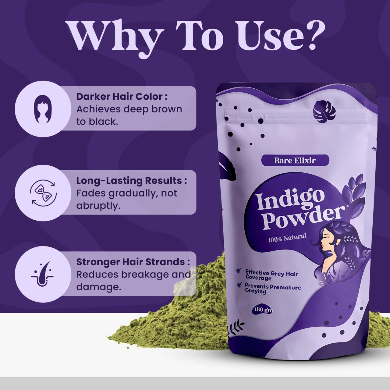 Bare Elixir 100% Natural Organic Indigo Powder for Hair - 180g | Effective Grey Hair Coverage, Promotes Hair Growth & Strength | Chemical-Free Hair Dye | Ideal for Deep Conditioning & Reducing Hair Fall