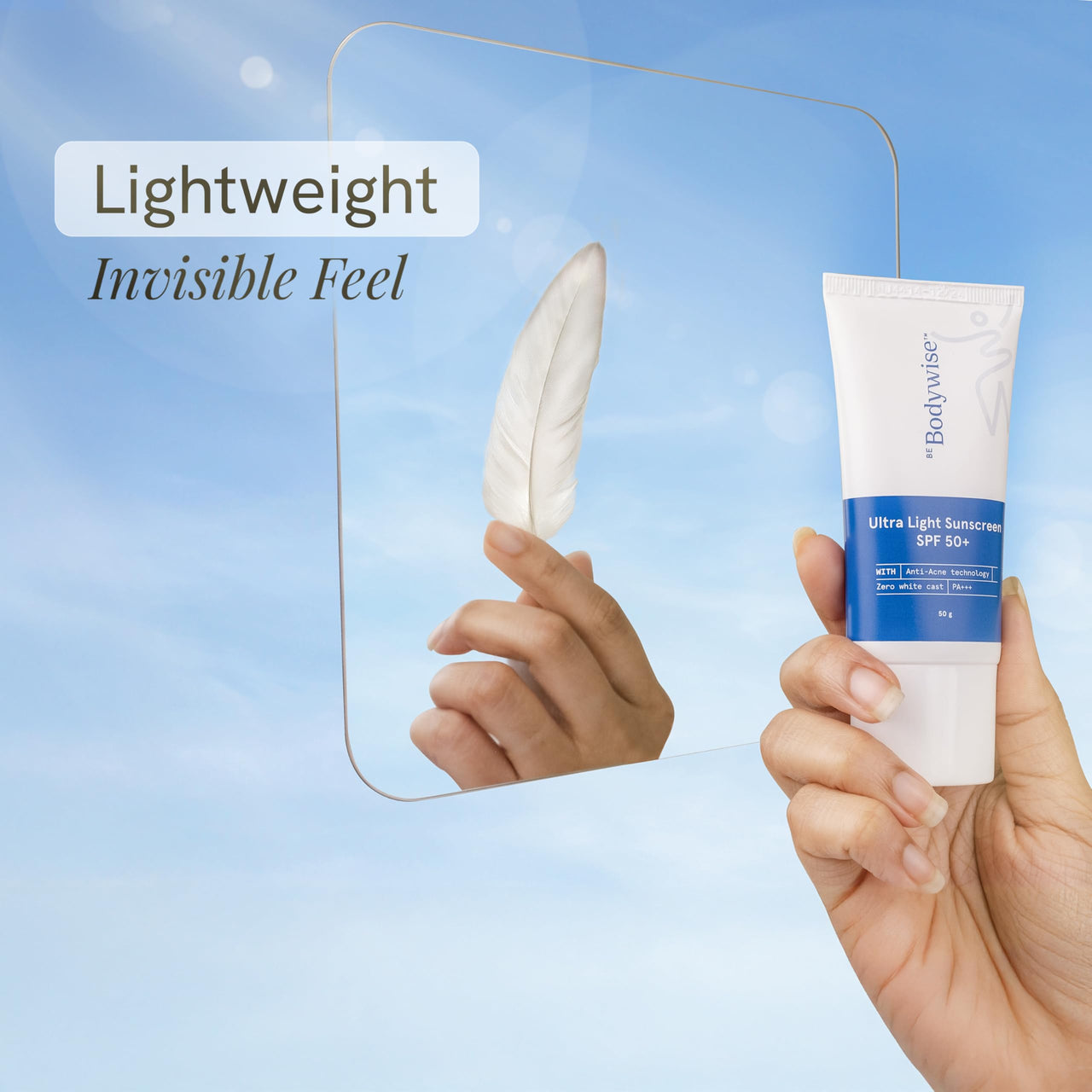 Be Bodywise Ultra Light Sunscreen SPF 50 PA+++ for Oily, Dry, Acne-prone Skin | Broad Spectrum Protection & Blue Light Protection | No White Cast | Non-Greasy | Korean Anti-Acne Technology | Water & Sweat Resistant | Ultra Lightweight Texture | For Men &