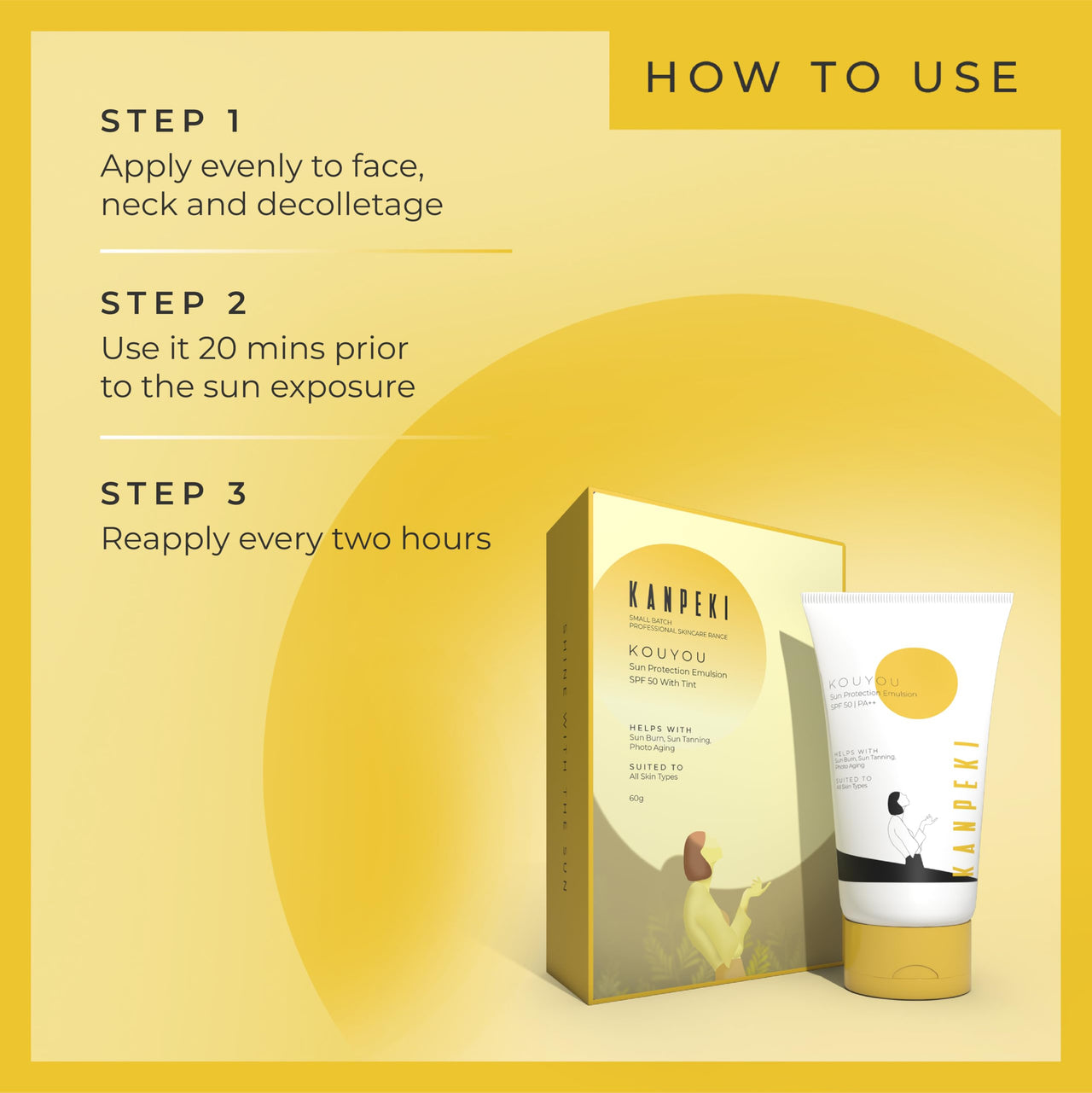 Kanpeki Kouyou Sun Protection Emulsion SPF 50 with Tint for Uneven Skin Tone| Lightweight Broad Spectrum PA ++ with No White Cast | Suitable for All Skin Type, 60g