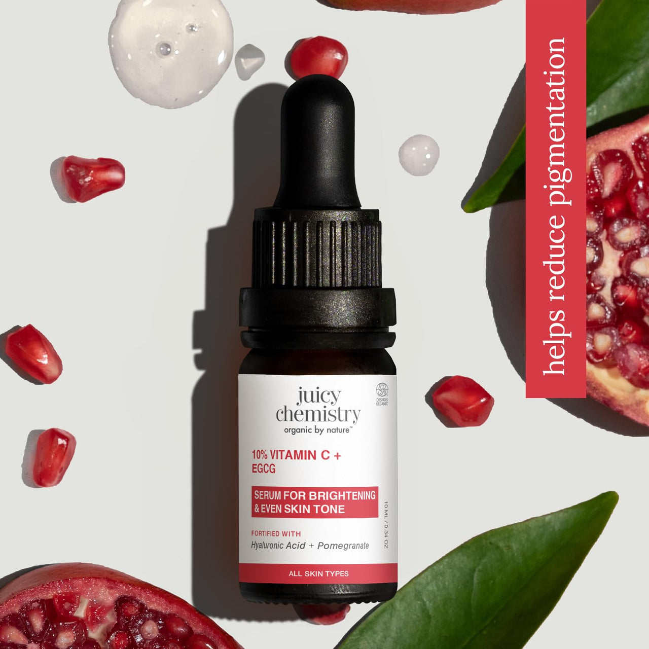 Juicy Chemistry 10% Vitamin C + EGCG Serum, 10 ml | Face Serum for Glowing Skin with Hyaluronic Acid | Fades Dark Spots, Pigmentation & Brightens Skin | Beginner Friendly - Men & Women