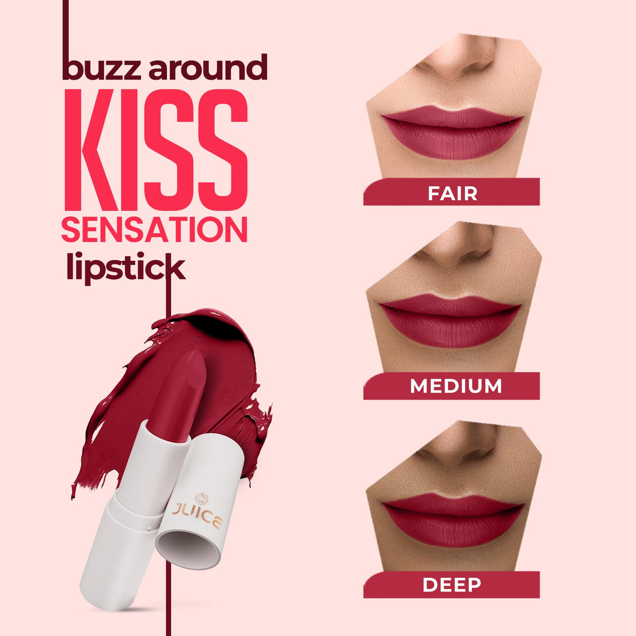 Juice Kiss Sensation Lipstick with Goodness of Bio Retinol, UV Protection & Long lasting Lipstick, Pack of 3 (Red Carpet - M02, Marooned - M05, Party Pink - M10)
