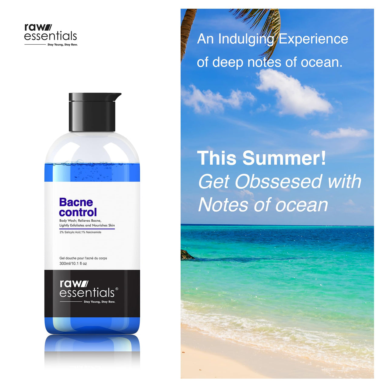 Raw Essentials Bacne Control Body Wash, 2% Salicylic Acid, 1% Niacinamide 300ml (Pack of 1), Relieves Body Acne, Exfoliates and Nourishes Skin, SLS & Paraben Free, For Men & Women