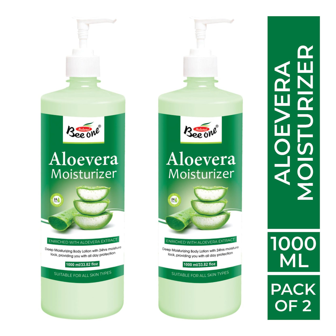 Bee One 24 hr Moisture Lock Body Lotion, for Soft and Supple Skin(Pack of 2) | 1000ml x 2= 2000ml (Aloe Vera)