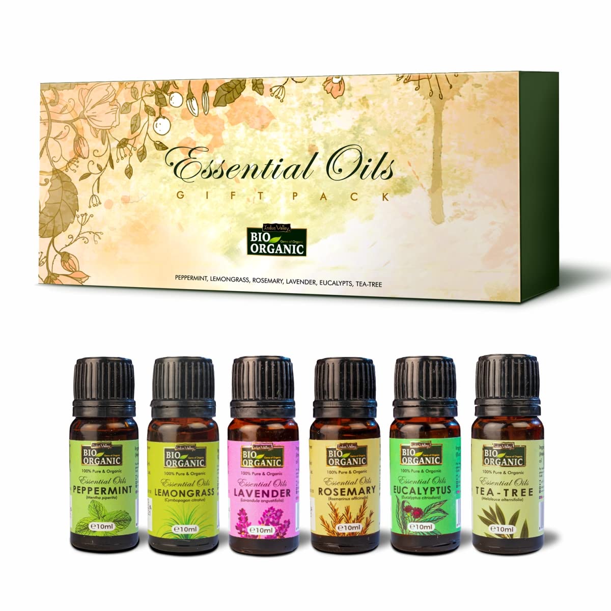 INDUS VALLEY 100% Pure Essential Oils Gift Pack - Peppermint oil,Lemongrass oil, Rosemary oil,Lavender oil,Eucalyptus oil,Tea Tree oil - 10ml * 6=60ml (Pack of 6)
