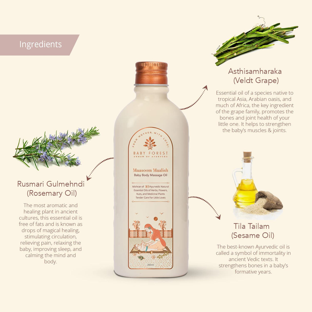 Baby Forest Maasoom Maalish Baby Body Massage Oil|10 Ayurvedic Essential Oils | Strengthens Muscles,Bones & Joints|Rosemary & Sesame Oil |Cruelty-free|Plant-based Formulation | Pack of 2 x 200 ml each