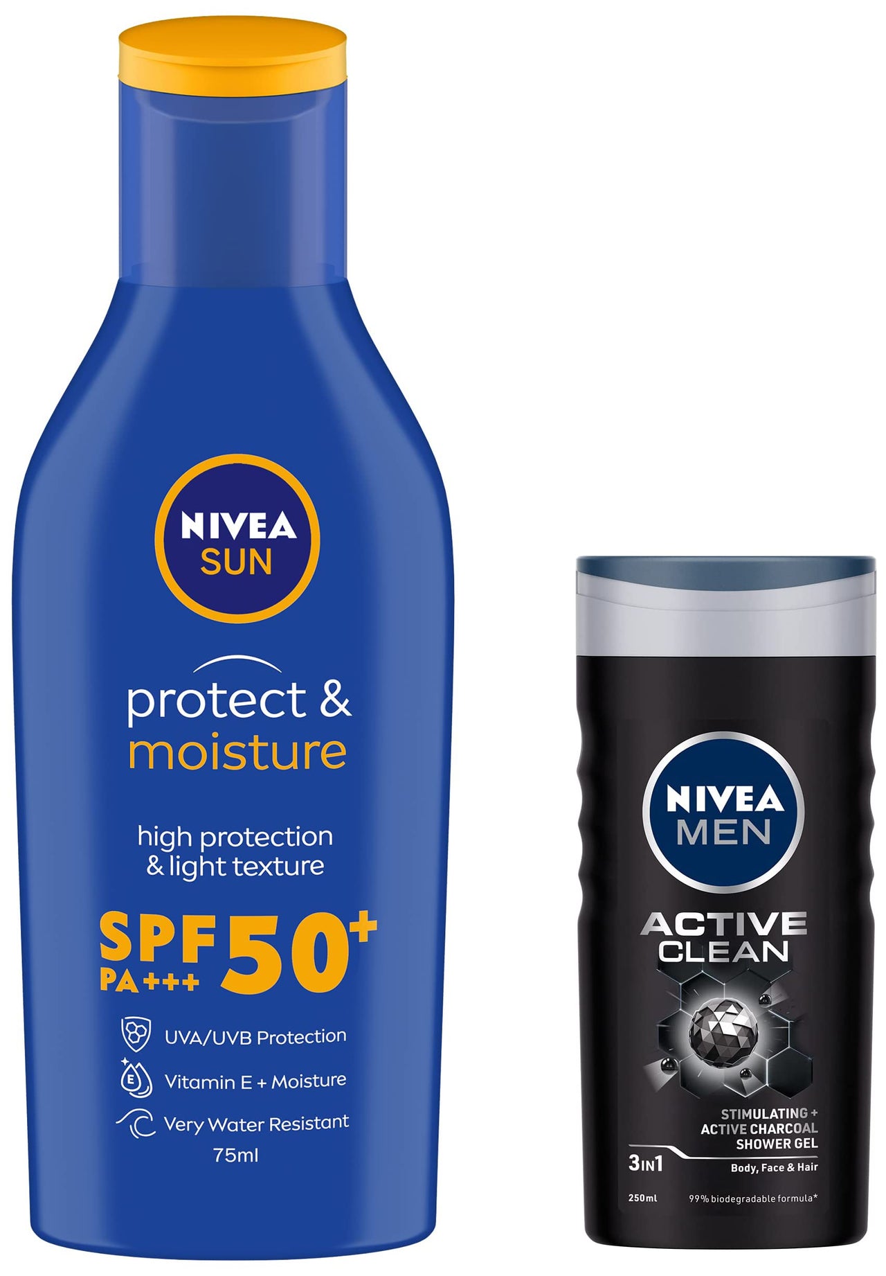 Nivea Sun Lotion, Spf 50, With Uva & Uvb Protection, Water Resistant Sunscreen Oily Skin Type For Men & Women, 75 Ml & Men Body Wash, Active Clean With Active Charcoal, Shower Gel, 250 Ml