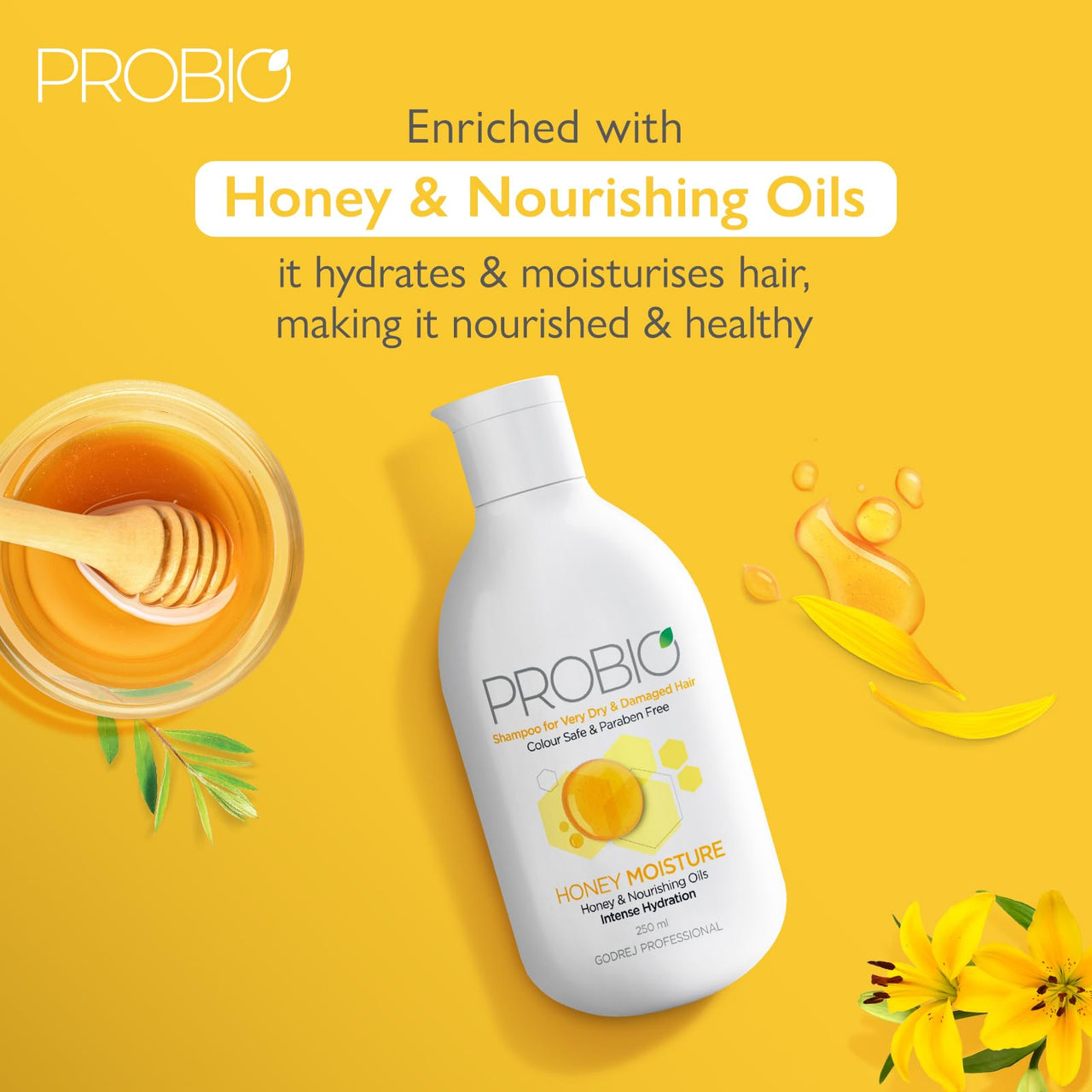 Godrej Professional Honey Moisture Shampoo, For Dry & Damaged Hair - 250ml, No Paraben, with Honey & Nourishing Oil