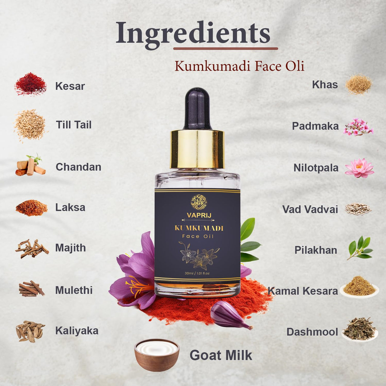 Vaprij Kumkumadi Tailam, Ayurvedic Face Oil, Saffron and 25 Herbs, Skin Brightning, Reduces Pigmentation, Dark Spots, Fine Lines, All Skin Types