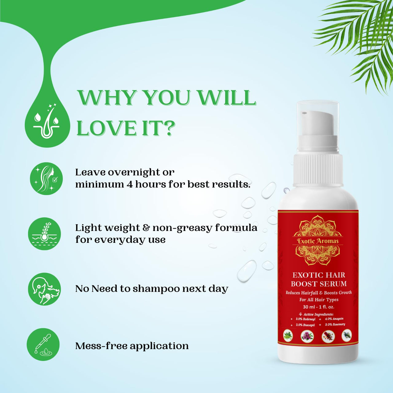 Exotic Aromas-Exotic Hair Boost Serum with 3% Redensyl, 3% Rosemary, 4% Anagain & 4% Biacapil, 30 ML, for hair loss, hair growth, thinning, baldness, for thicker & denser Hair. For Men & Women