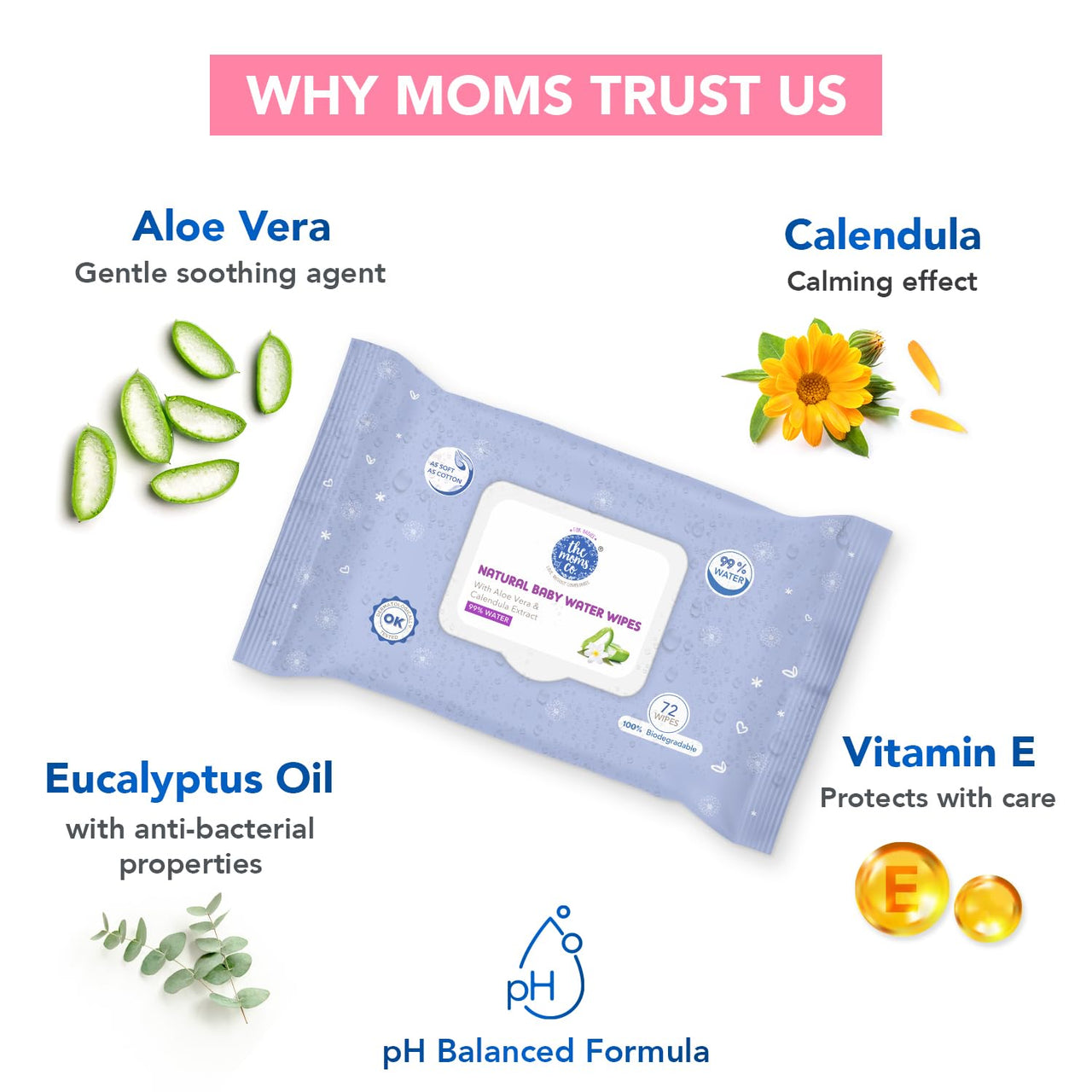 The Moms Co Rash Free Baby Wet Wipes, 99% pure water, 100% plant-based with Aloe Vera, Calendula, Eucalyptus Oil & Vitamin E | Anti-bacterial, Allergen Free & Non-Irritating - Pack of 2