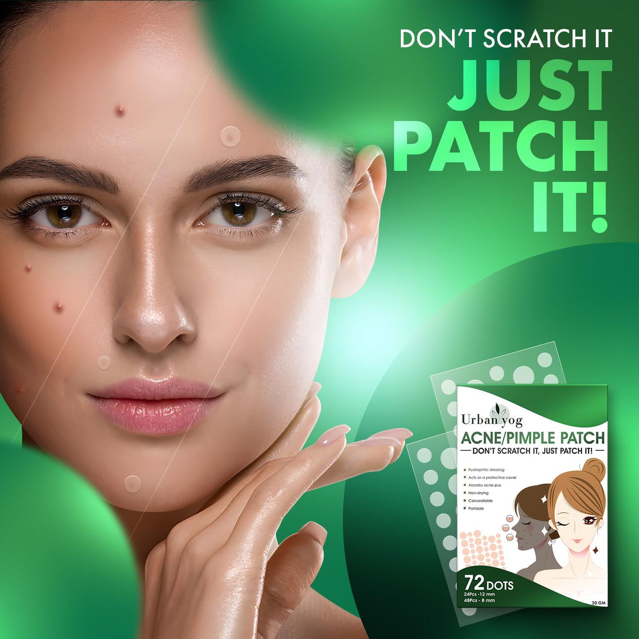 Urban Yog Acne Pimple Patch for Face (72 dots) | Waterproof Patches for Active Acne | Absorbs Pimple Overnight and Reduces Excess Oil | Facial Patches with 100% Hydrocolloid