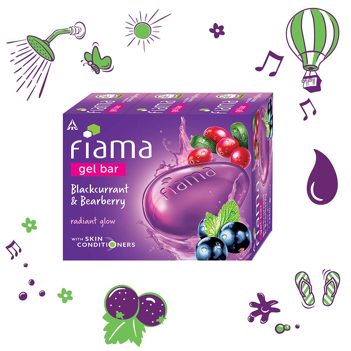 Fiama Gel Bar Blackcurrant And Bearberry for Radiant Glowing Skin, 375g (125g - Pack of 3), with Skin Conditioners, Soap for Women & Men, For All Skin Types