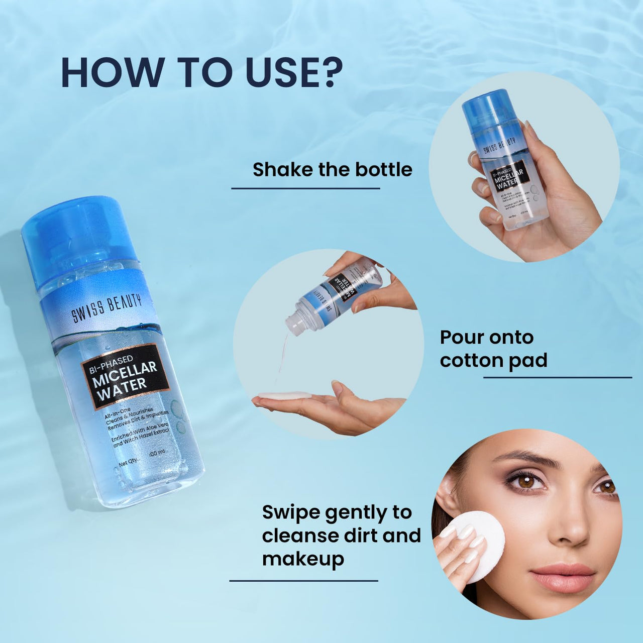 Swiss Beauty Bi-Phased Micellar Face Cleansing Water | Removes dirt, impurities and waterproof makeup | With Aloe vera and Witch Hazel | 100 ml