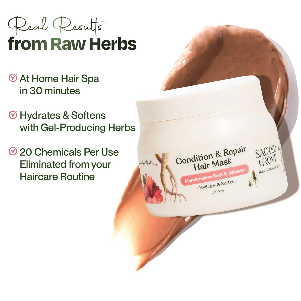Sacred Grove Condition & Repair Hair Mask | Hydrates Rough & Dry Hair | Marshmallow Root, Flaxseed & Hibiscus | Made with 10 Potent Raw Herbs | At-Home Hair Spa | Paraben, Sulphate-Free | 200 gms
