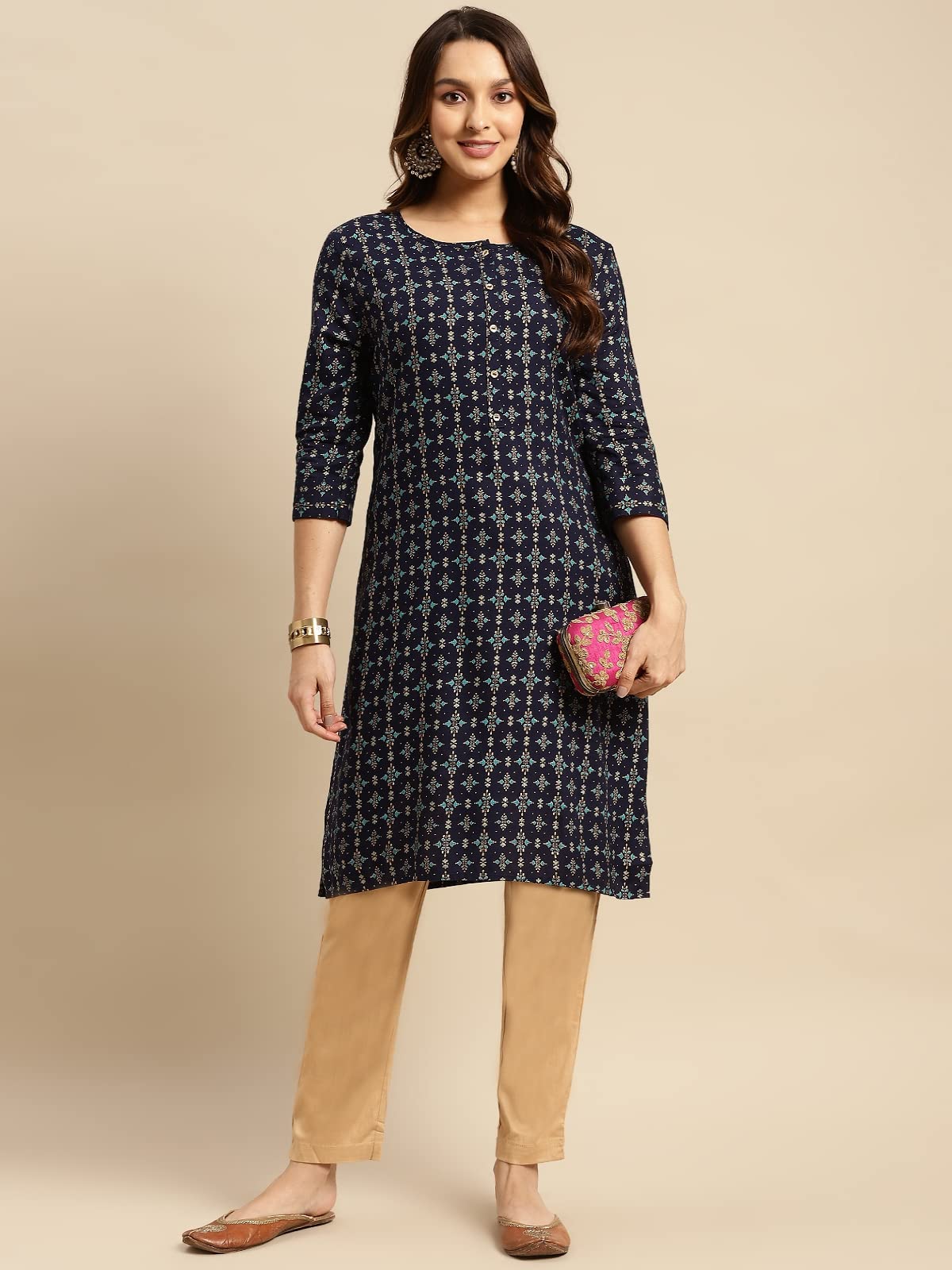 rangita Women Rayon Gold Printed Calf Length Straight Kurti
