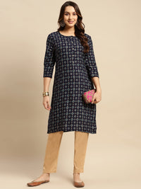 rangita Women Rayon Gold Printed Calf Length Straight Kurti