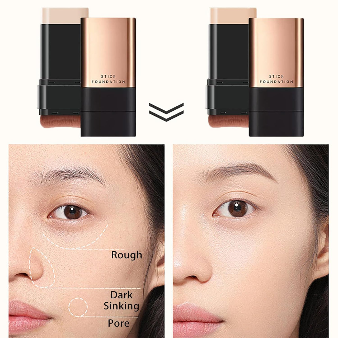 Luxenwell 2 In 1- Luxury Flawless Eraser Foundation Stick | Korean Hydrating Lightweight Foundation Stick with Brush | Waterproof Thin and Cover Blemishes for All Skin Types | 1Pcs