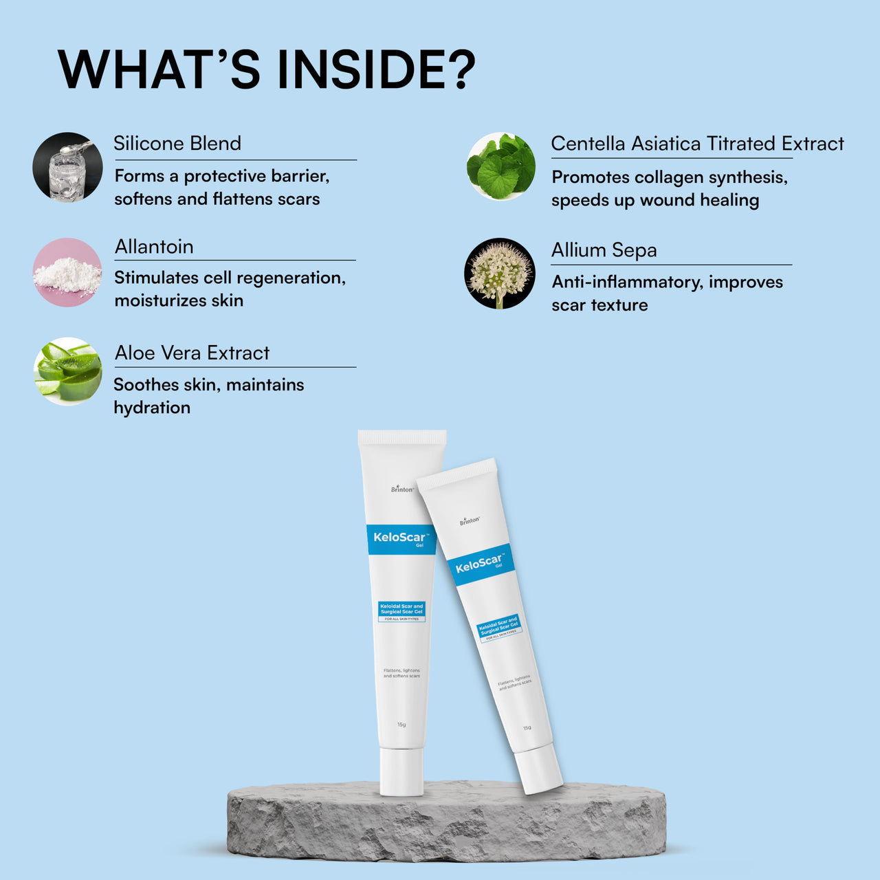 Brinton Keloscar Gel, Surgical Scar Gel for All Skin Types, Lightens & Softens Scars, Dermatologically Tested, Protects, Retains Moisture, Stimulates Skin Regeneration, 15 g