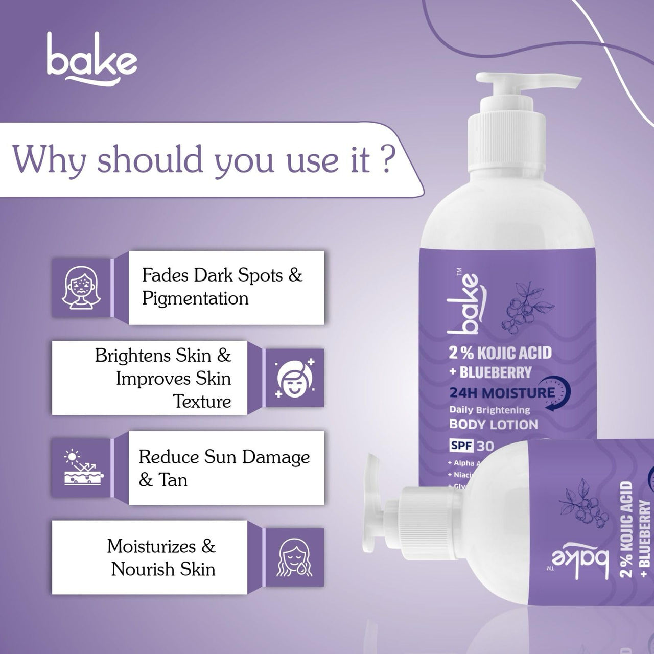 BAKE 2% Kojic Acid Brightening Body Lotion with Niacinamide & SPF 30 PA+++ for Pigmentation & Tan Removal | For Dark Spots & Sun Protection | De-Tan Body Lotion | Tanned & Pigmented Skin | For Women & Men | 200ml