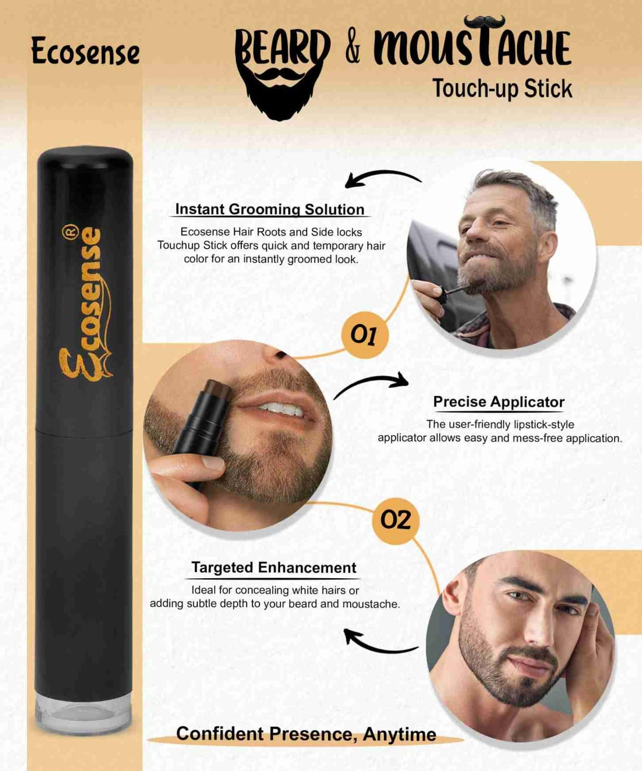 ECOSENSE Beard & Moustache Touchup Stick: Instant Temporary Beard Perfection | Black Color Pencil For Men, Beard Pen, Beard Dye for Long Lasting Coverage, Mustache 3 gm