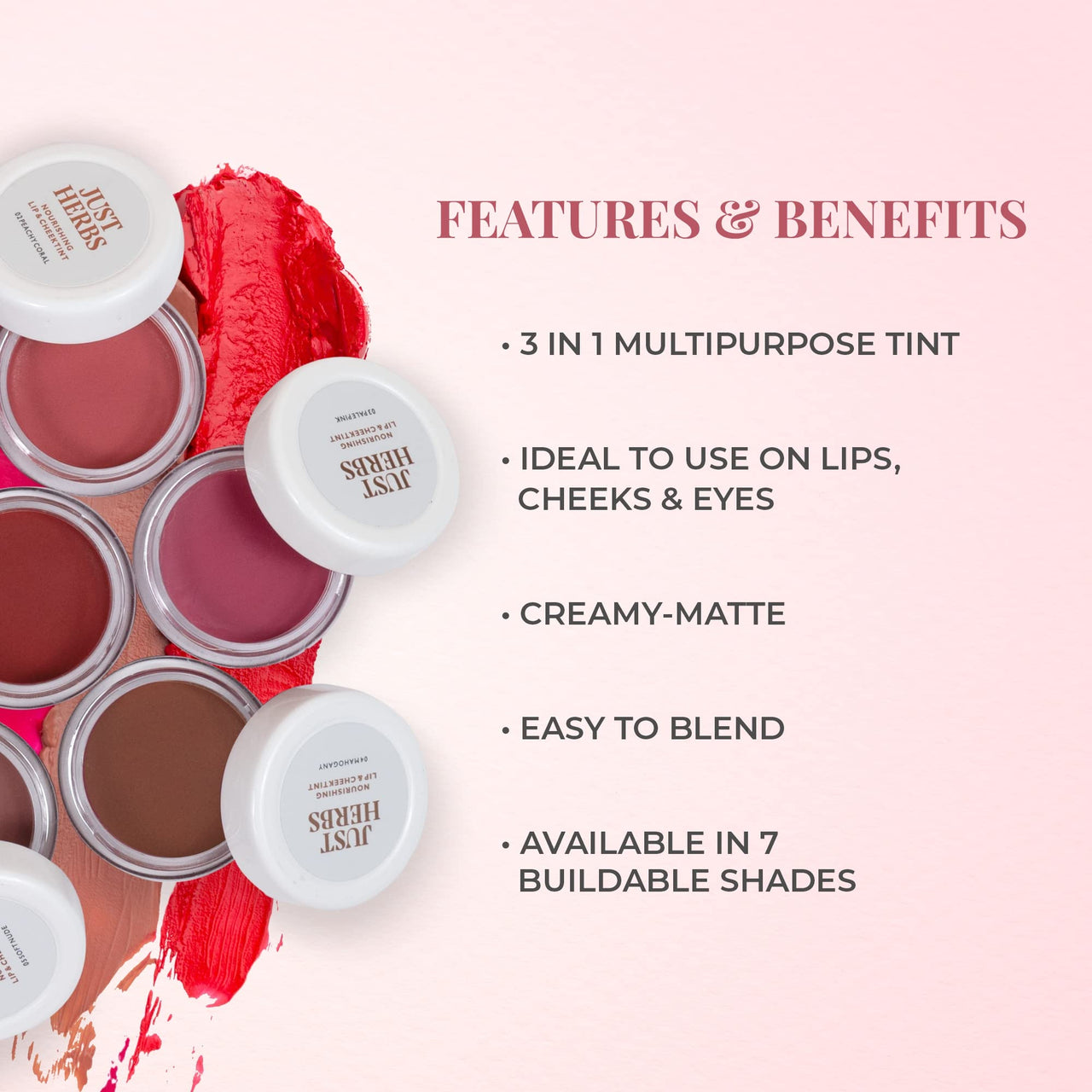 Just Herbs Ayurvedic, Natural Lip & Cheek Tint- 06 Pink Forever(Creamy Matte) & Just Herbs Ayurvedic Creamy Matte Lipstick Set38gm (Pack of 16)