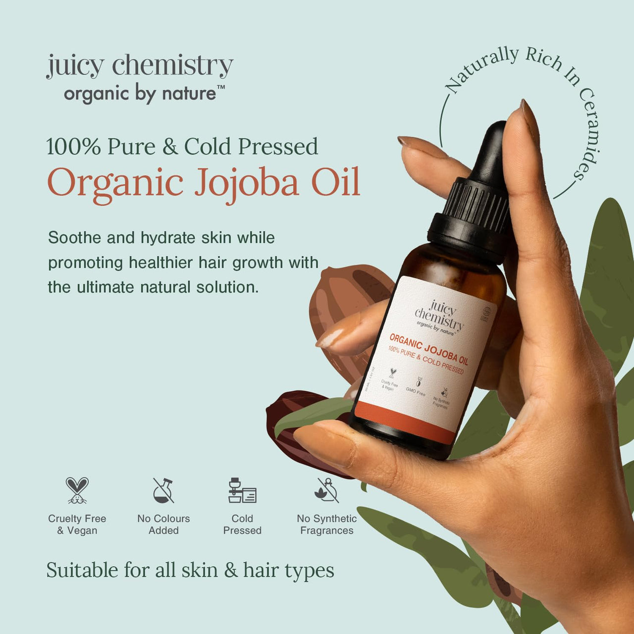 Juicy Chemistry Organic Jojoba Oil, 30 Ml | 100% Pure, Cold Pressed & Virgin | Carrier Oil For Skin, Hair & Cuticles | Naturally Rich In Vitamin E & Ceramides | Deeply Moisturising Anti-Ageing Oil