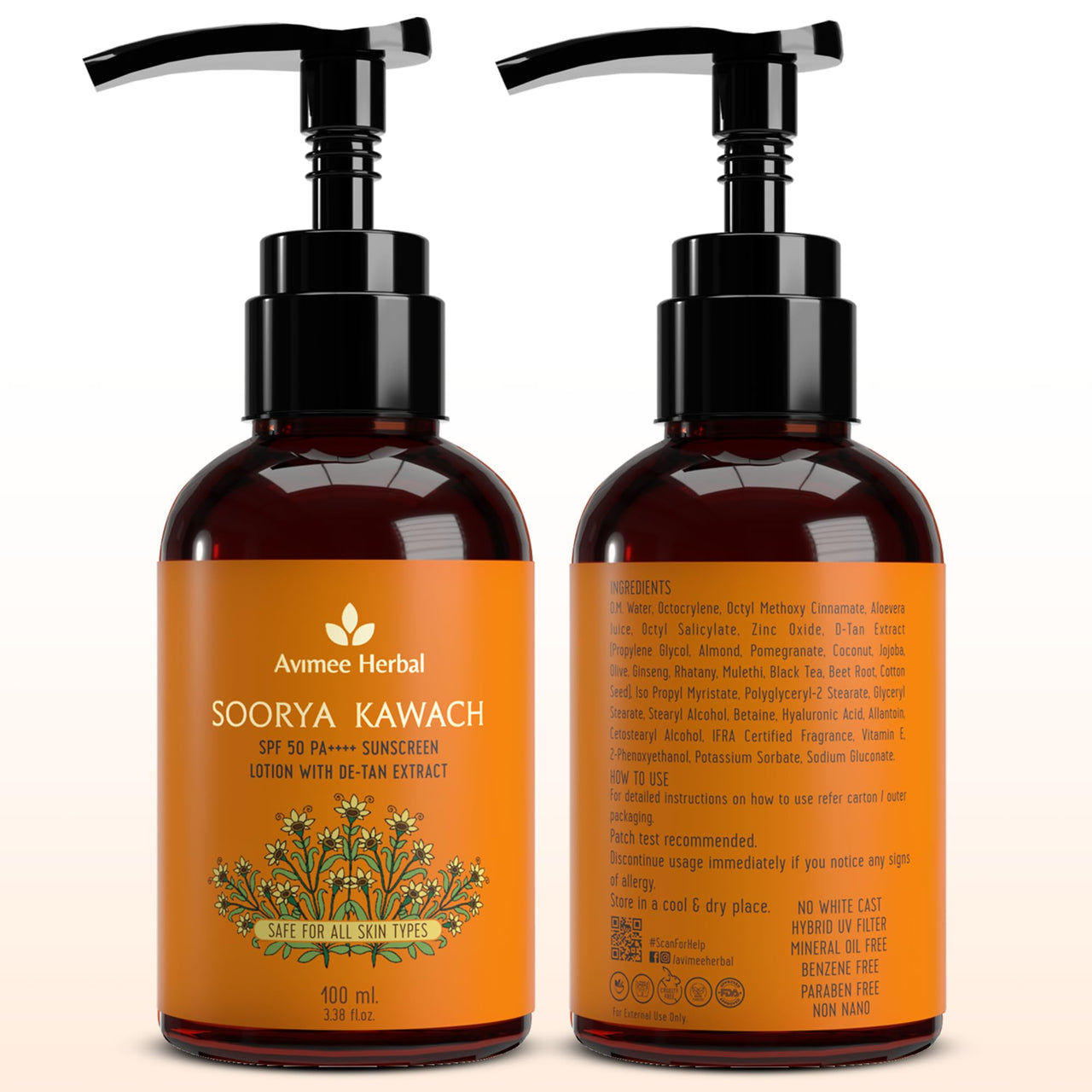 Avimee Herbal Soorya Kawach SPF 50 PA ++++ Sunscreen Lotion with Detan Extract | Broad Spectrum UVA, UVB & Blue Light Protection | For Acne & Marks Free Skin | 100 mL