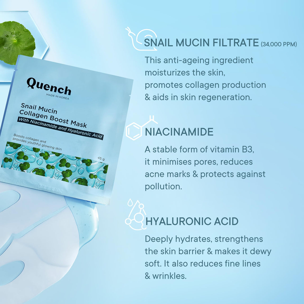 Quench Snail Mucin Collagen Boost Mask with Niacinamide & Hyaluronic Acid for Glass Skin within 4 Hours | Korean Bio-Collagen Overnight Mask for Deep Hydration | Reduces Pigmentation, Wrinkles & Fine Lines (45g, 1 Piece)