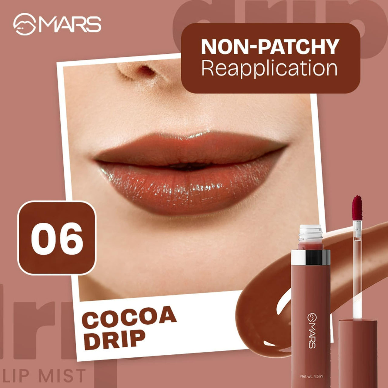 MARS Drip Lip Mist for Women (4.5 ml) (06-Cocoa Drip) Liquid Blush Hour | Dewy-Matte Finish | Highly Pigmented | Lightweight & Long-Lasting Formula | Effortless Application (12 ml) (03-SUNKISSED)