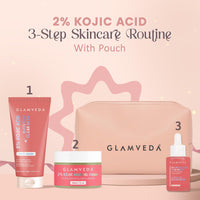 Glamveda 2% Kojic Acid Trio Facewash, Serum & Cream With Pouch – Brightening, Hydrating & Acne Scar Treatment | Fades Dark Spot |, Evens Tone & Promotes Clear and Glowing Skin