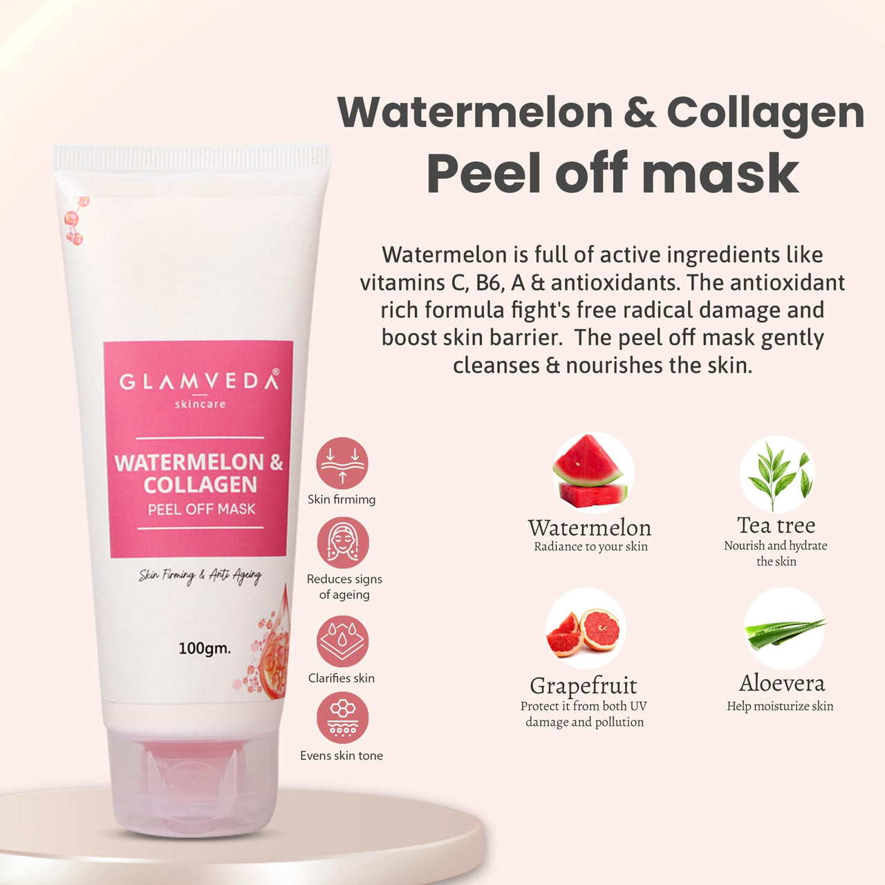Glamveda Watermelon & Collagen Anti Ageing Combo | Reduces signs of ageing | Skin firmimg, Clarifies skin | Gives radiant glow | Face wash & Peel Off Mask Combo