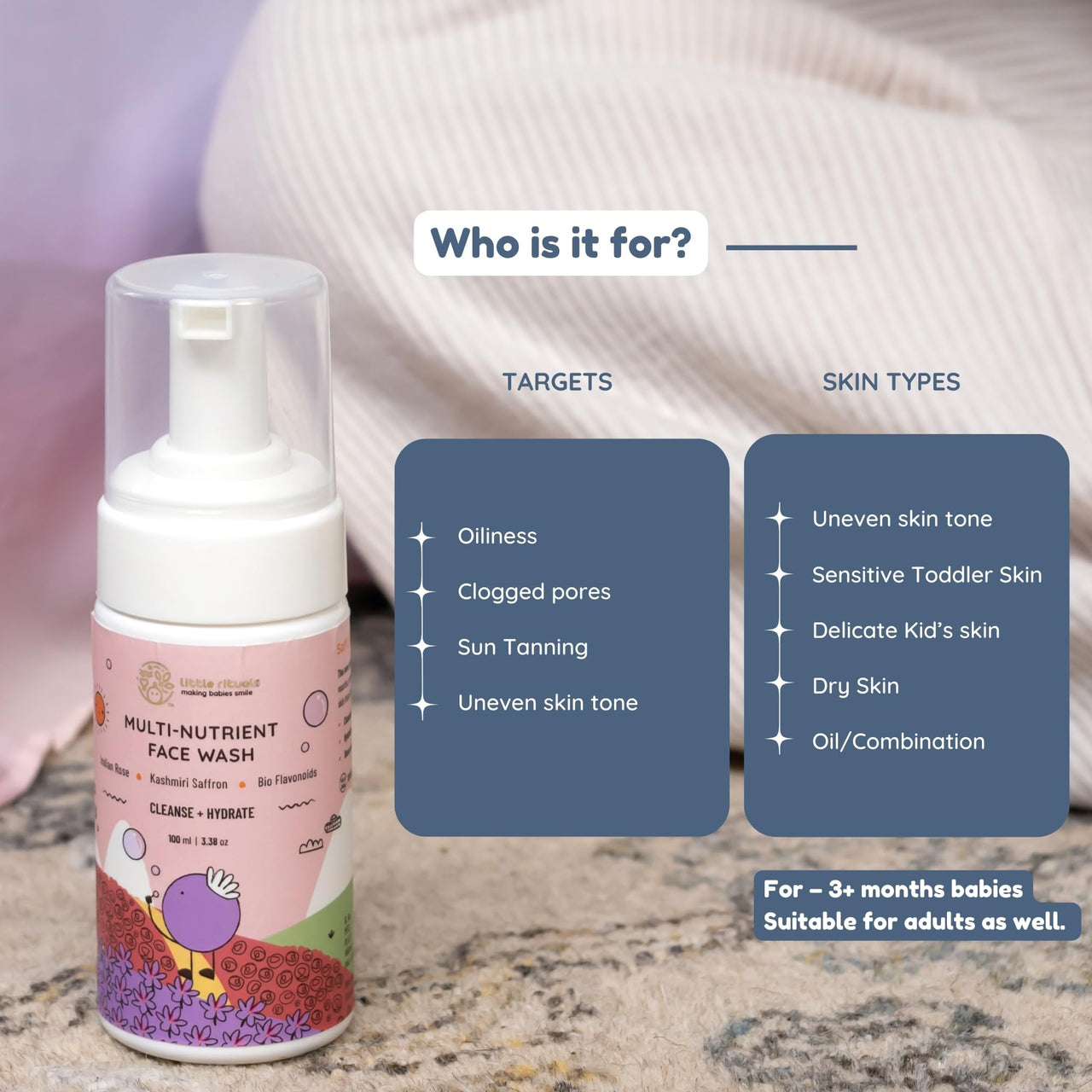 Little Rituals Multi-Nutrient Foaming Face Wash for Babies & Kids | Indian Rose & Kashmiri Saffron | Bio Flavonoids | Cleanse + Hydrate | pH Balanced, Tear-Free | MADE SAFE | 0M+ | 100 ml